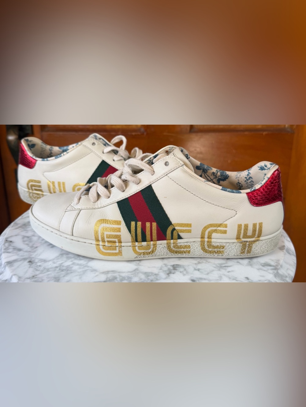 Gucci Ace Low Sneaker Leather Guccy Print Logo SEGA Eu 38 1/2, US 8.5